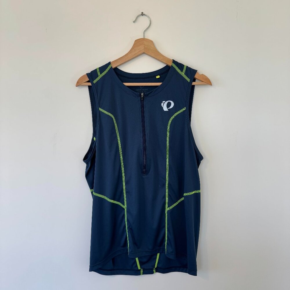 PELETON Men's L Exercise Tank Half Zip Front Blue With Neon Yellow/Green Trim